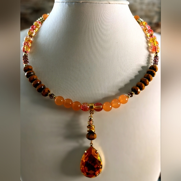 Orange Jade, Czech And Glass Beads and Orange Crystal AB Necklace - Picture 2 of 9